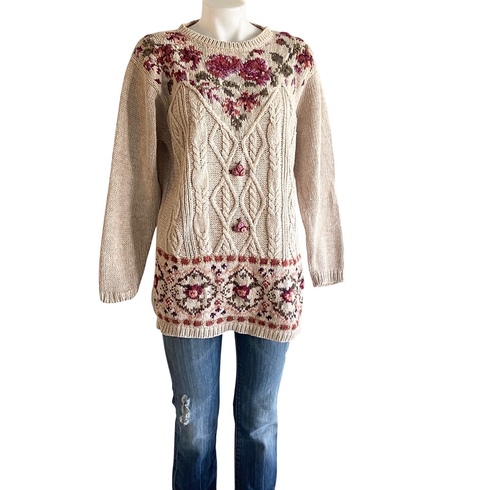 Chrysantheme Hand Knitted Floral Cable Knit Sweater Cream Pink Ramie Cotton S
